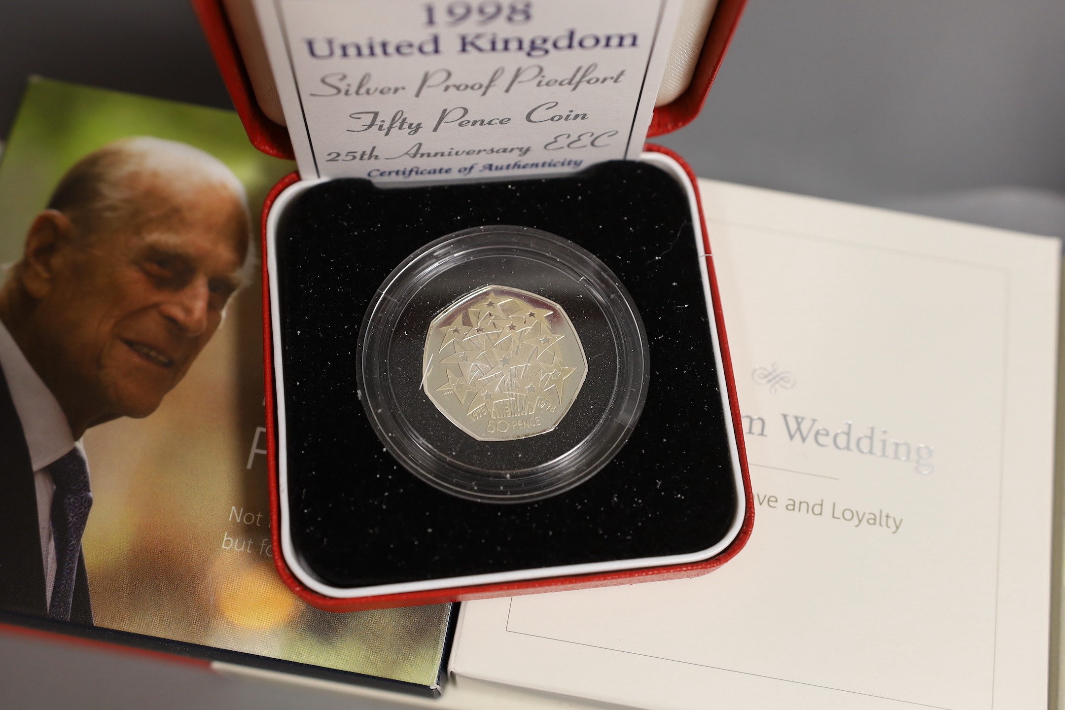 UK Royal Mint commemorative silver proof coins - eight £5 to include platinum wedding anniversary 2017, 70th birthday the Prince of Wales 2018, Prince Philip 2017, 1000th anniversary of the coronation of King Canute 2017